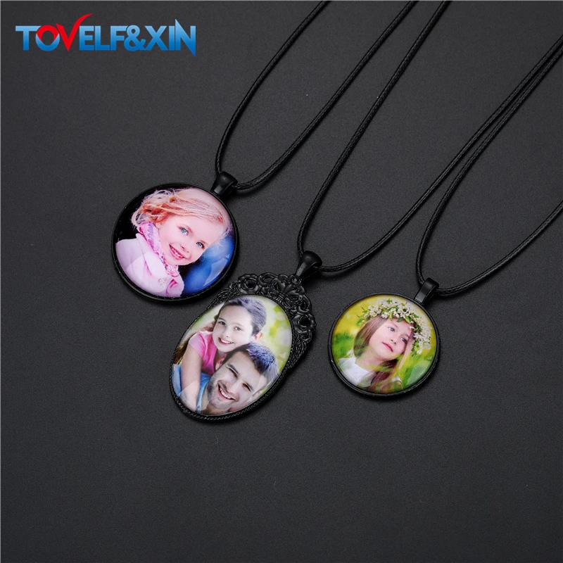 Black Customized Photo Necklaces Custom Name Baby Pendant Necklace Personalized Photo Necklaces with Rope Chain for Family Gifts