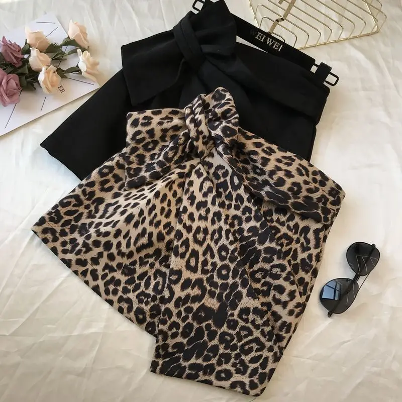 Autumn New Retro Leopard Print High Waist Short Skirt Women Girls Slim Hip Irregular Knotted Skirts