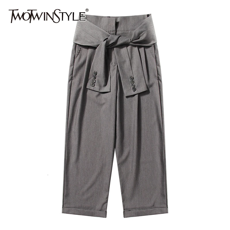 

TWOTWINSTYLE Korean Lace Up Women's Trousers High Waist Wide Leg Ankle Length Pants Female Autumn Clothing Fashion New 2019