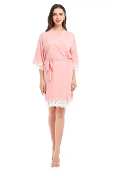 

Women Sexy Night Robe Home Suit Cotton Lace Edge Sleepwear Solid Loose 3/4 Sleeve Knee-length V-neck Nightgown Dress Pejamas