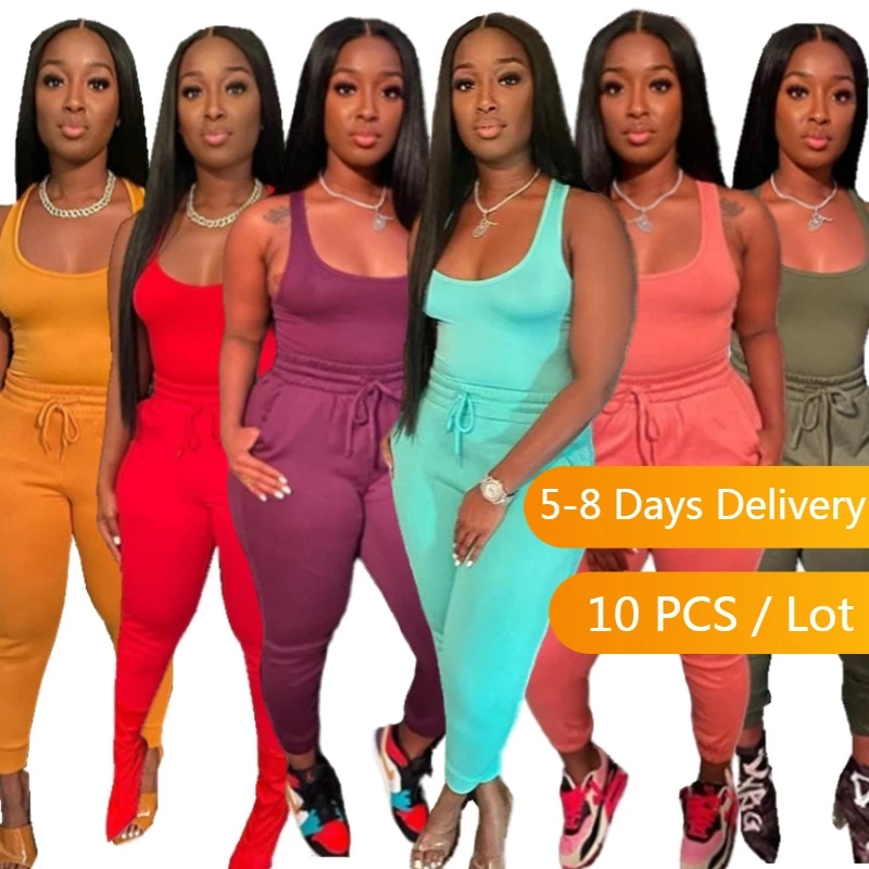 

Wholesale Items Casual Tracksuit Women Clothes Solid Skinny 2 Piece Matching Sets for Women Sporty Tank Top and Sweatpants Set