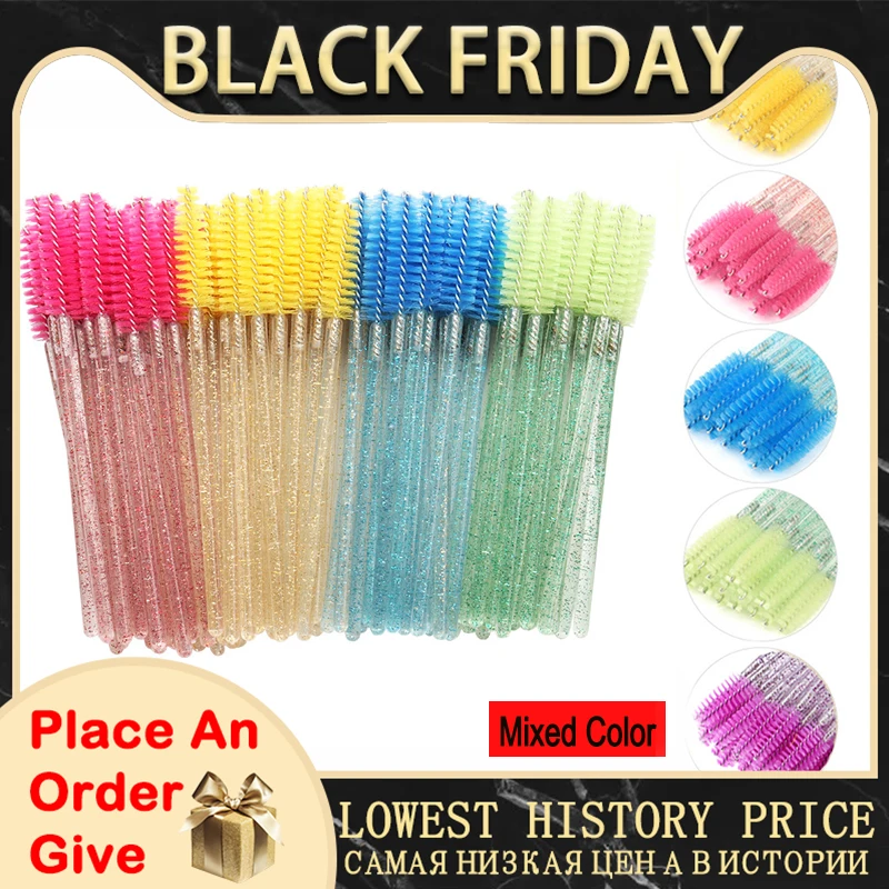 

New Mix Color Crystal Eyelashes Brush 50 pcs Diamond handle Mascara Wands Applicator Cosmetic Disposable Makeup brushes Tool