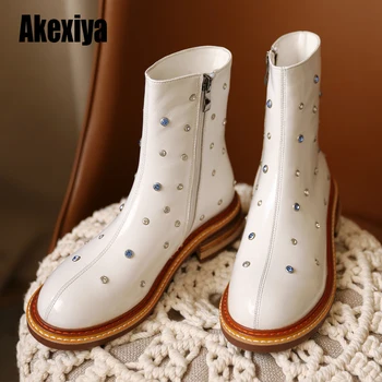 

2020 Newest black Ankle boots Women Beige Rhinestone High Heel Boot fashion Shoes Woman Genuine Leather Boot w011
