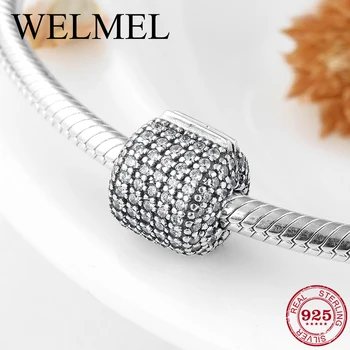 

925 sterling silver pave clear Crystal zirconia clips lock beads Stopper Bead Fit Original Women Charm Bracelet Jewelry making