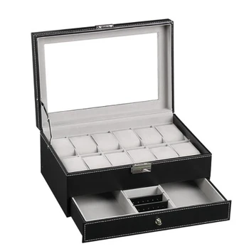 

Double Layer Faux Leather Watch Display Box with Glass Lid,Christmas Gift Jewellery Box,Gift for Men