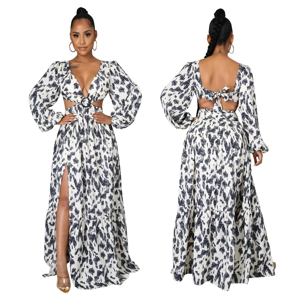 African Dresses For Women Sexy Long-Sleeved Dress African Dress V-Neck Slit Boho Dress Summer European American Loose Long Dress