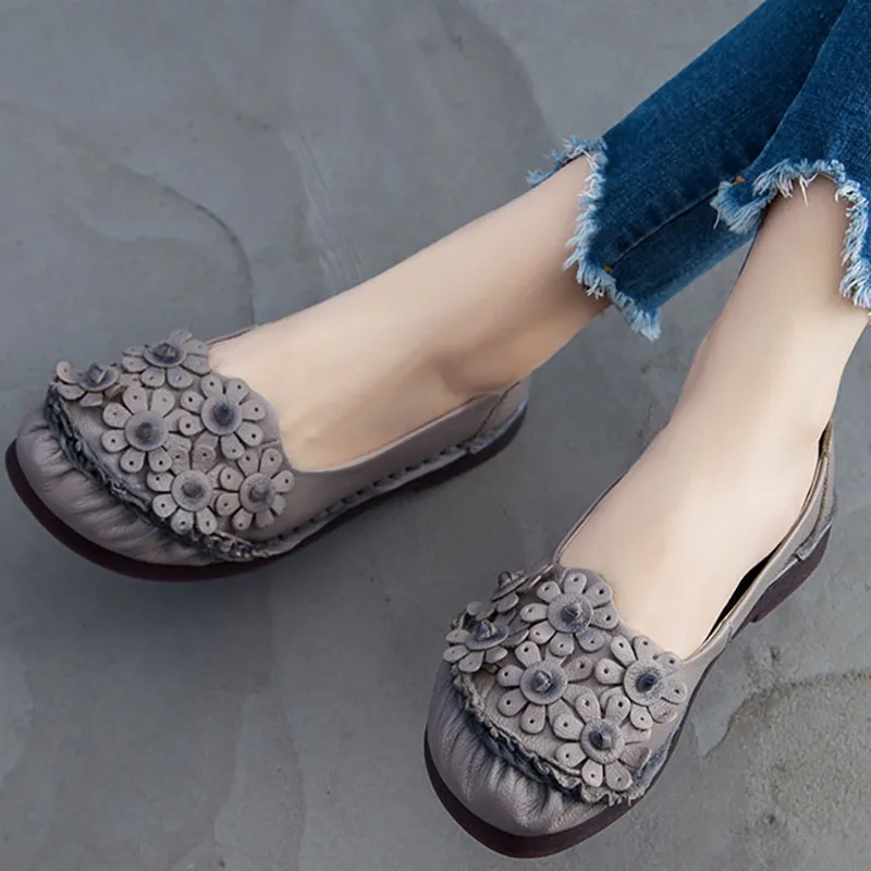 Лоферы женские из натурального спилка этнический стиль плоский каблук круглый