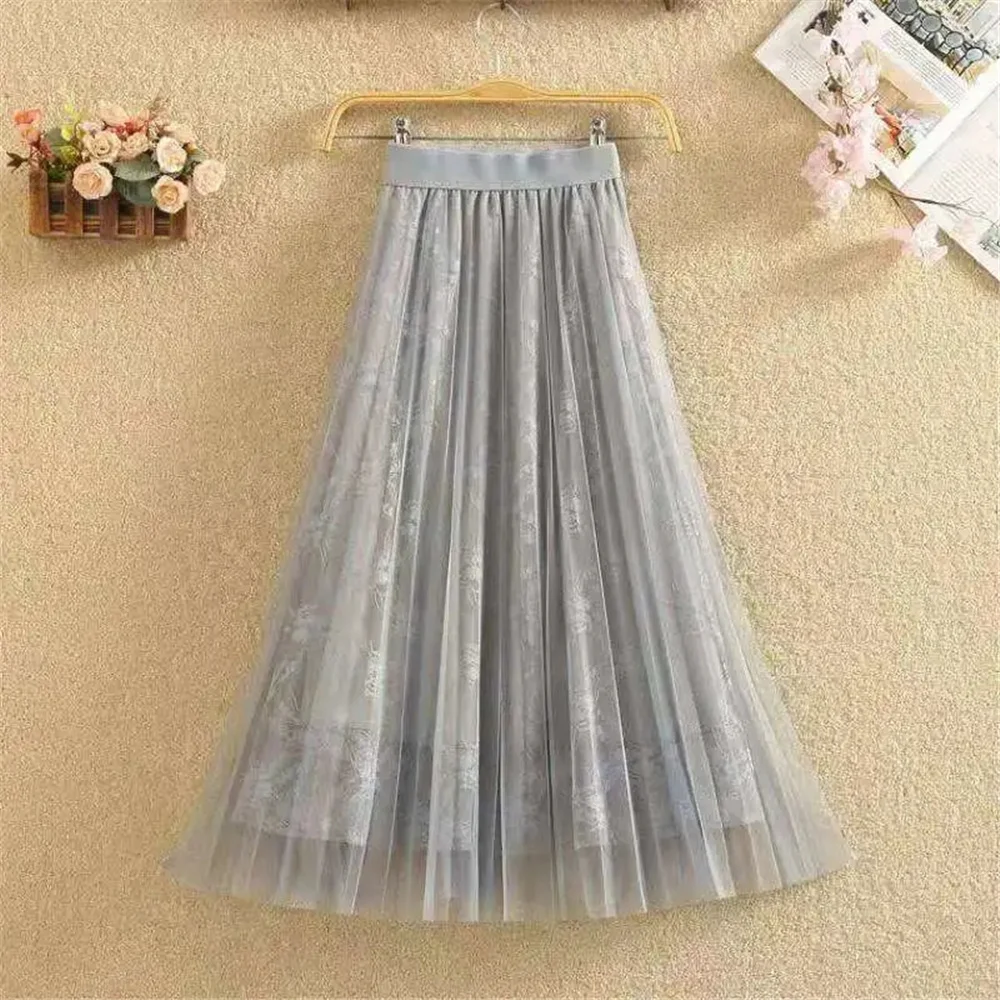 Lace Mesh Elastic High Waist Fairycore Women Midi Skirts Pleated Stitching Lined Elegant Skirts Korean Wild Aesthetic Mom Saia black leather skirt
