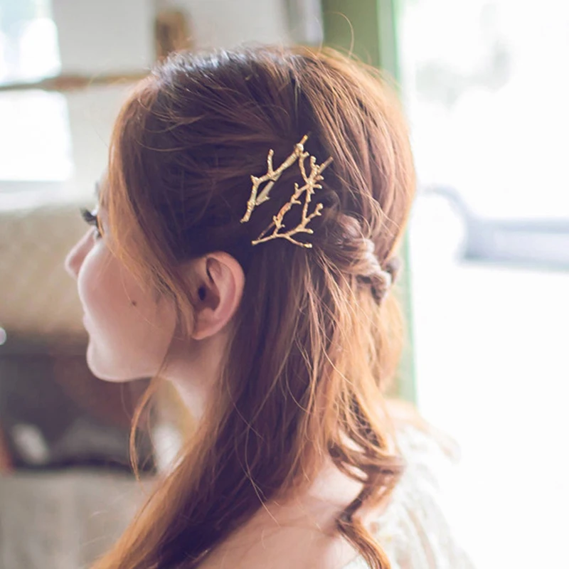 Women Fashion Rose Gold Silver Durable Delicate Unique Metal Branch Leaves Small Hair Clips Bobby Pin Hair Styling Accessories