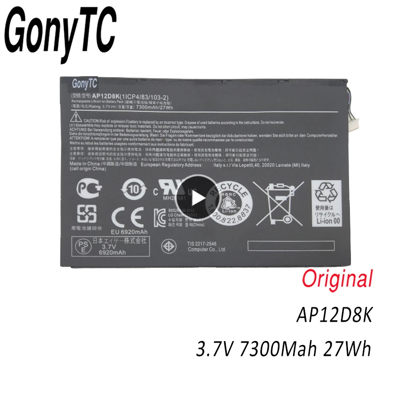 GONYTC AP12D8K оригинальный планшетный Аккумулятор для ACER Iconia Tab A3-A10 A3-A11 W510 W510P 3 7 V 7300MAH