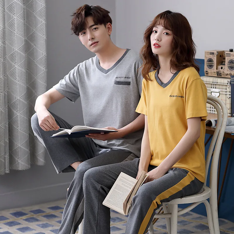 

2019 Couples Pajamas Thin Short Sleeve Pullover Household Summer Pajamas Loose-Fit Pure Cotton Men And Women Pajamas Tracksuit