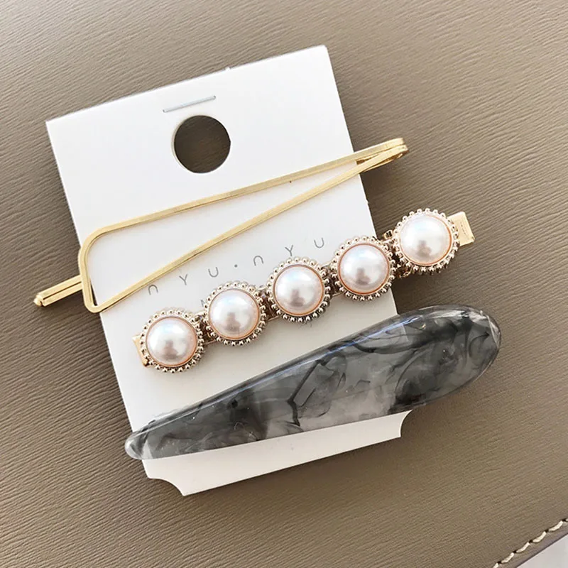 3pcs/set Korean Women Girls Metal Pearl Marble Hair Clip Combination Barrette Pearls Hairpin Hair Styling Accessories