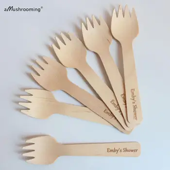 

120 Personalised Vintage Engraved Mini Forks Shower customized text heart symbol vintage wood dessert sporks