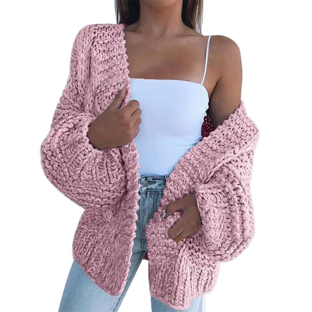 pink LASPERAL, зимний модный женский толстый свитер, кардиган, Теплый однотонный, открытый перед, пальто, теплый, открытый перед, подходит ко всему, свитер - Цвет: pink