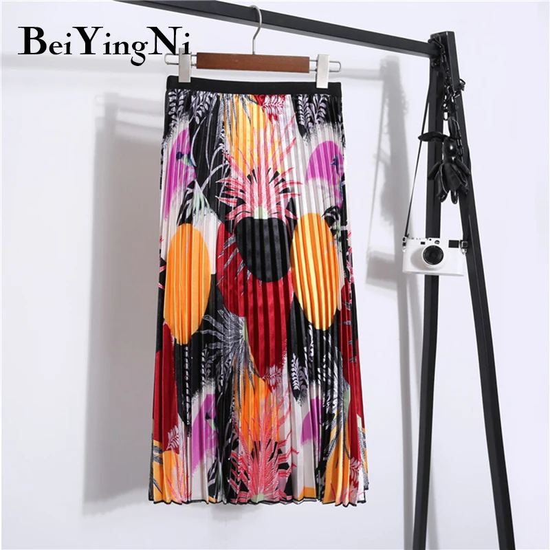 Beiyingni винтажная юбка женская с цветочным принтом Модная Высокая талия повседневные плиссированные юбки миди эластичная талия Осенняя юбка Saias