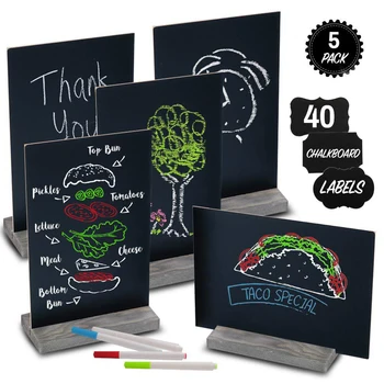 

Wooden Mini Blackbord 5pcs Set Wood Base Stand Rustic Style Tabletop Chalkboard Small Sign Name Card Double-faced Blackboard