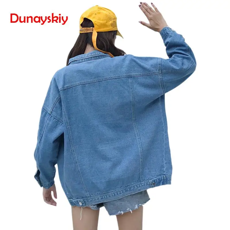 Женские джинсовые куртки Dunayskiy, синие, с длинным рукавом, свободные, корейский стиль, верхняя одежда, отложной воротник, однобортный, уличная одежда, пальто