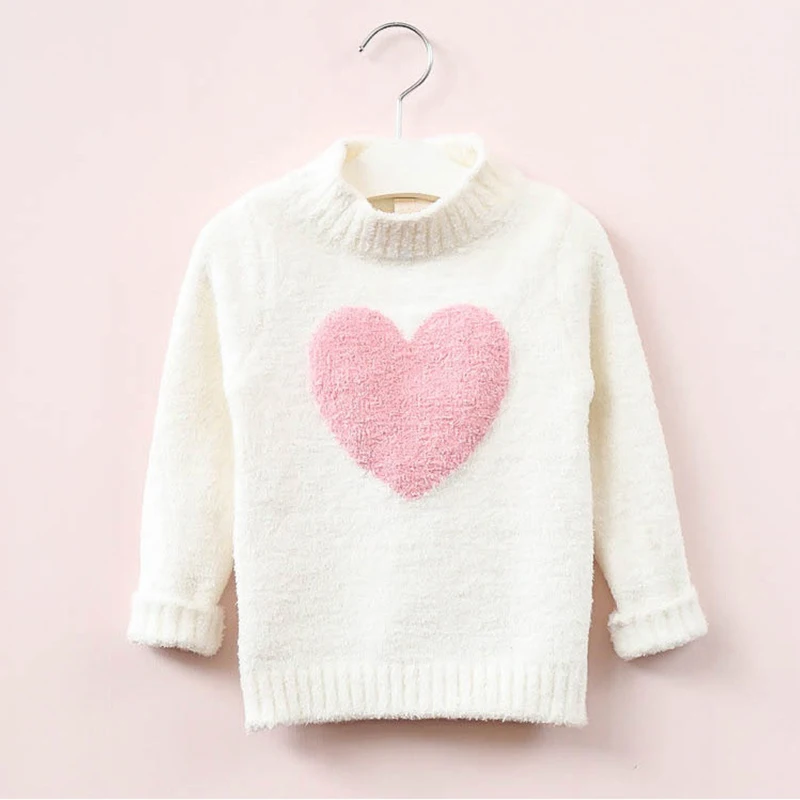 Детский вязаный свитер для девочек, коллекция года, зима-осень, длинный рукав, теплый, невысокая горловина, милый свитер с узором из сердечек для девочек