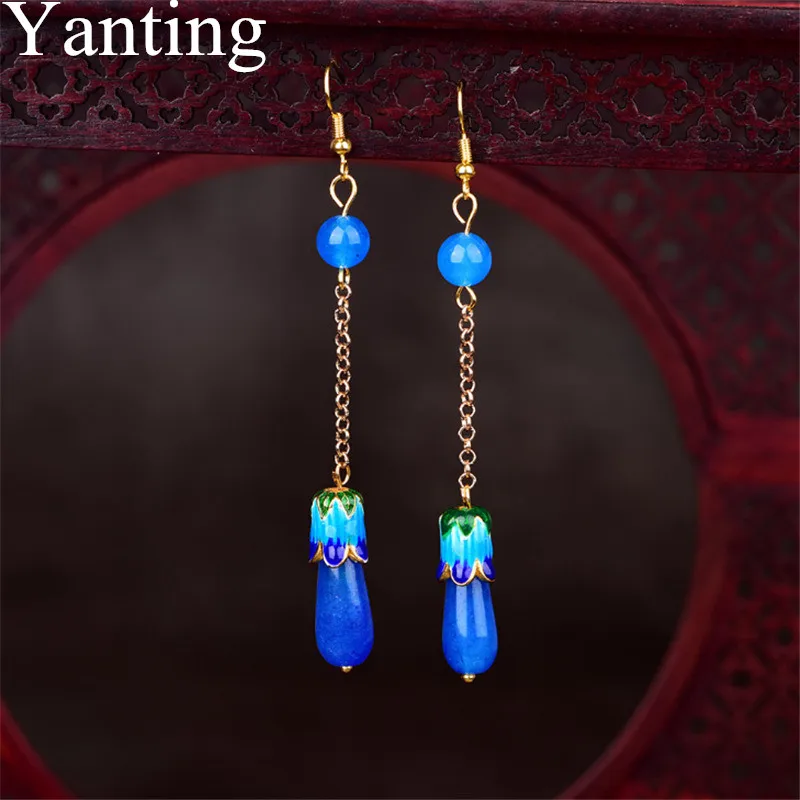 

Yanting Ethnic Vintage Earrings For Women Blue Cloisonne Flower Natural Stones Gift Long Tassel Earrings Brincos Wholesale 033