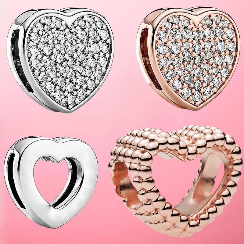 

New Reflexions Series Rose Gold Pave CZ Heart Clip Stopper Beads Charms fit Original Bracelet DIY Jewelry Making