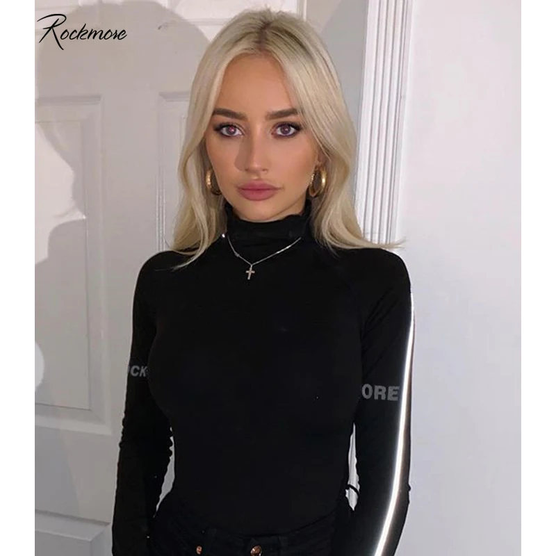 

Rockmore Bodycon Reflective Striped Letter Print Bodysuits Women Long Sleeve Autumn Gothic Turtleneck Jumpsuit Femme Bodysuit