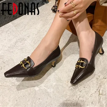 

FEDONAS Retro Genuine Leather Women Pumps High Heeled Square Toe Office Shoes Woman Spring Summer Casual Shoes Ladies Sandals