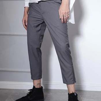 

Light gray cropped pants pants with zipper Europe and the United States simple wild tide men's pants cargo pants men overalls