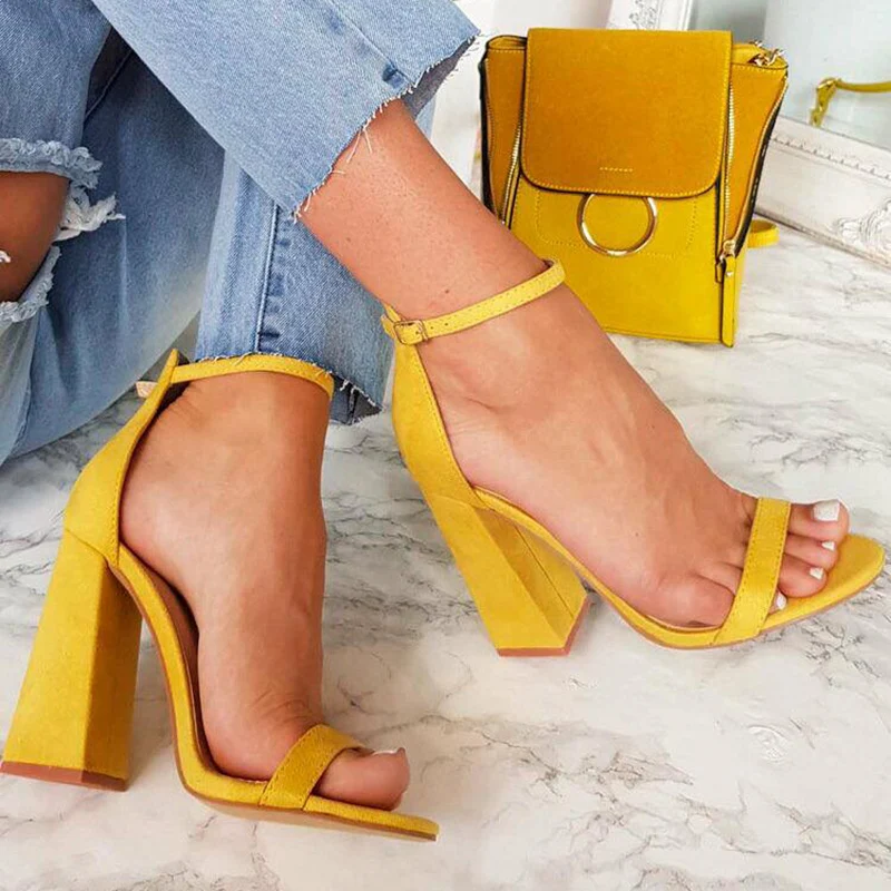

2020 Women Strap Thick Block 11.5cm Heels Sandals Leopard Valentine Flock Platform Yellow Sandles Summer Gladiator Dress Shoes