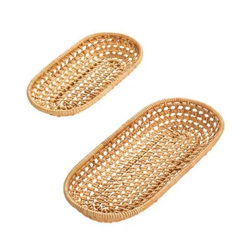 

Rattan Bread Storage Tray Dinner Coffee Breakfast Serving Tray Oval Hand-Woven Tea Tray Home Decoration Crafts