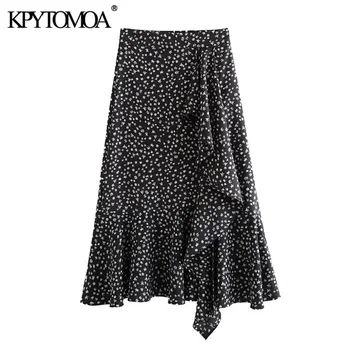 

KPYTOMOA Women 2020 Chic Fashion Print Ruffled Midi Skirt Vintage Side Zipper Front Vents Female Skirts Casual Faldas Mujer