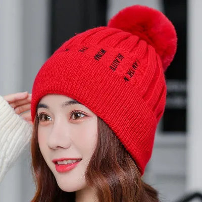 Skullies Beanies зимняя женская шапка вязаная теплая шапка с помпоном Модная брендовая теплая вязаная шапка плюс бархат - Цвет: red