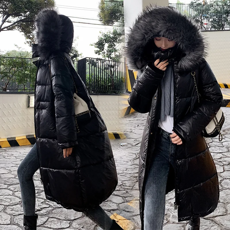 

2019 New Style down Jacket Women's Long Cold Bright Surface Cotton Coat Thick Large Size Versatile Cotton Coat