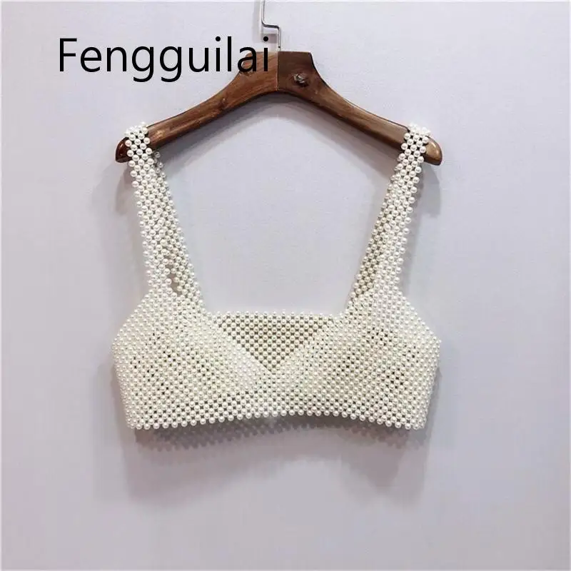 White FENGGUILAI для женщин дамы фестиваль жемчуг укороченный Топы металлическая цепочка на тело сексуальные Клубные вечерние летние пляжные слинг бюстгальтер Топ жилет белый черный - Цвет: White