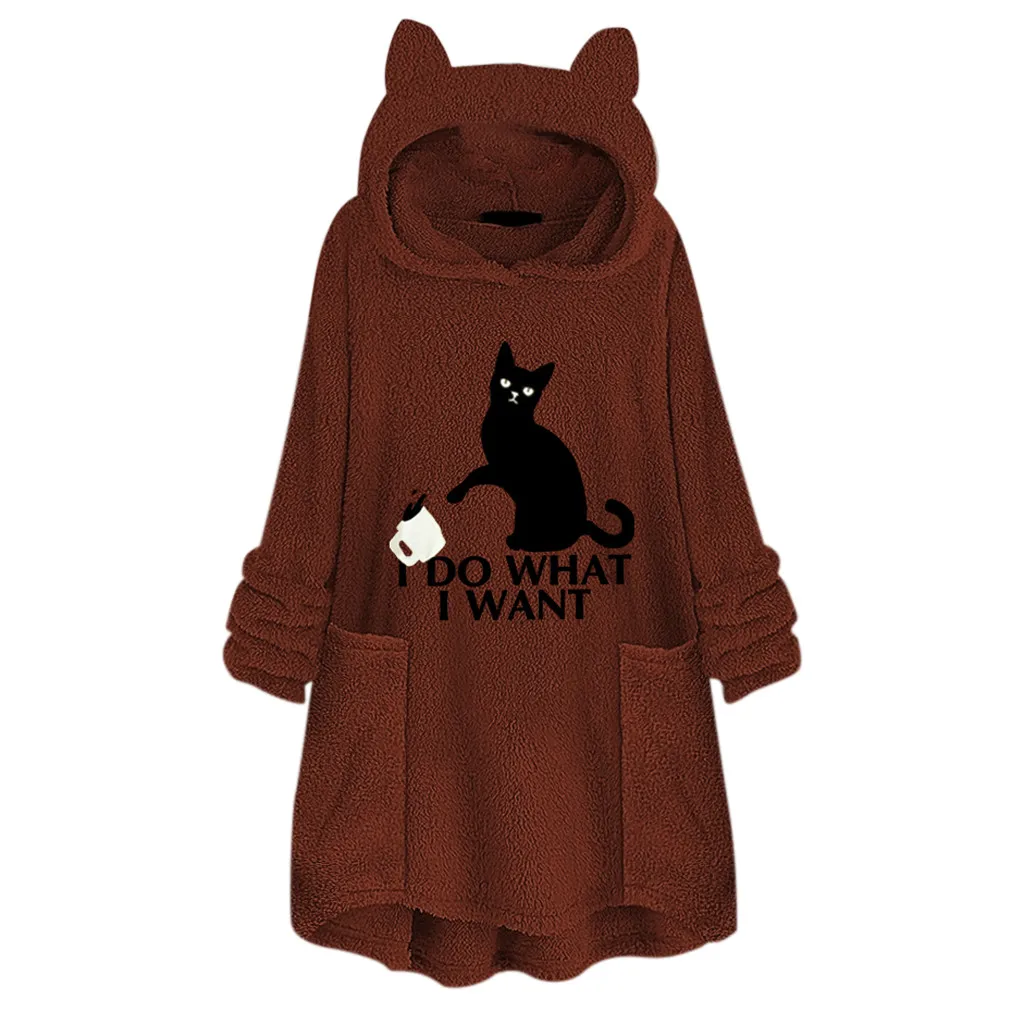 brown Длинные толстовки с кошачьим принтом, Женские флисовые теплые пуловеры с вышитыми карманами, кошачьи ушки размера плюс, толстовка с капюшоном, топ, блузка, женская одежда - Цвет: brown