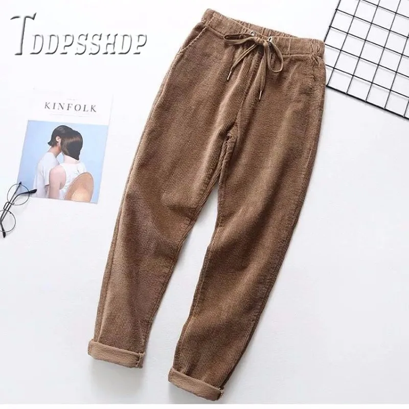 Lining With Fluff Corduroy Women Pants Elastic Waist Casual Female Harem Trousers - Цвет: 2