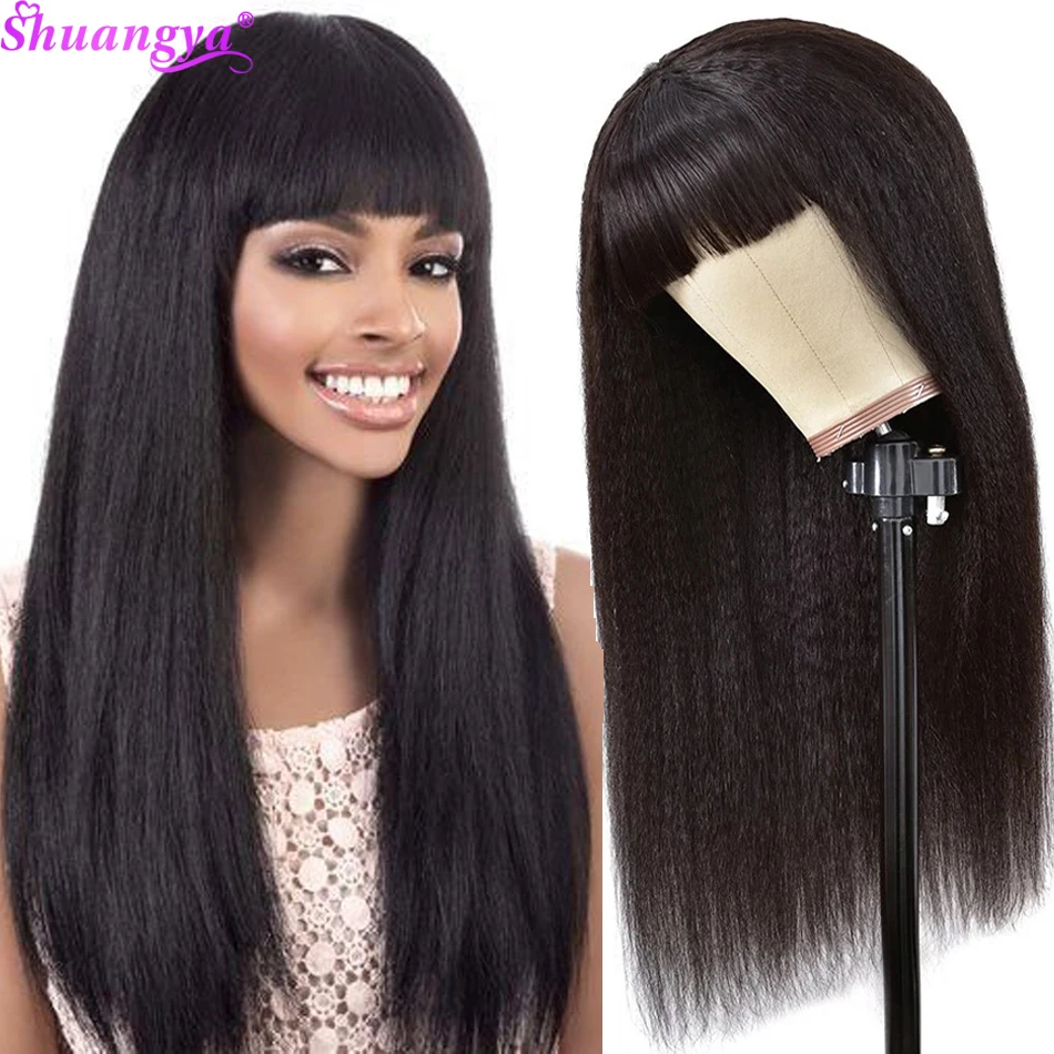 Human Hair Wigs with Bangs Kinky straight Indian Remy Human Hair Wig