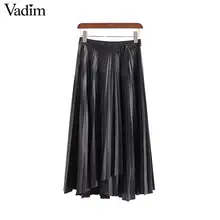 Vadim Женская юбка из искусственной кожи, юбка с пуговицами, необычный дизайн, юбки черного цвета, Женская шикарная плиссированная юбка до середины икры, mujer BA811