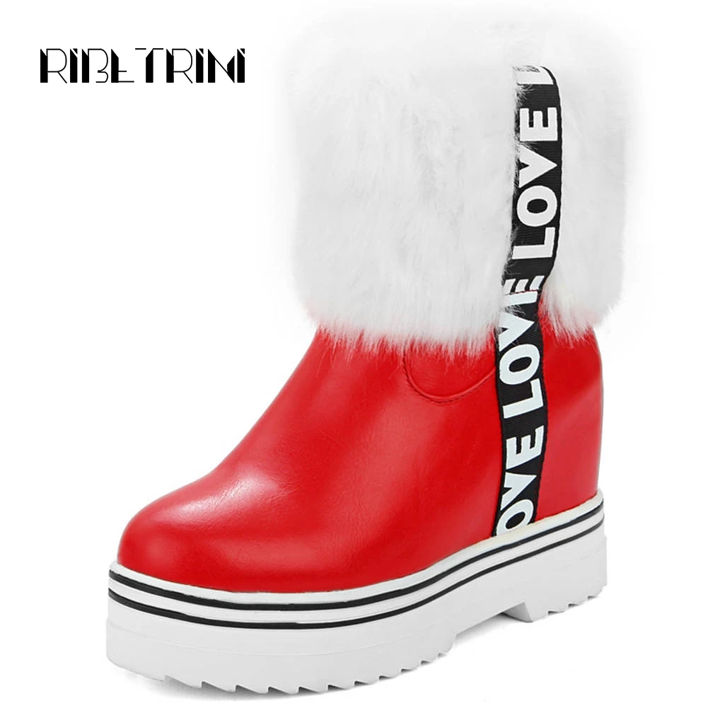 

RIBETRINI Fur Boots Women Hidden Wedge High Heels Round Toe Platform Shoes Woman Slip On Casual Dress High Top Ankle Boots