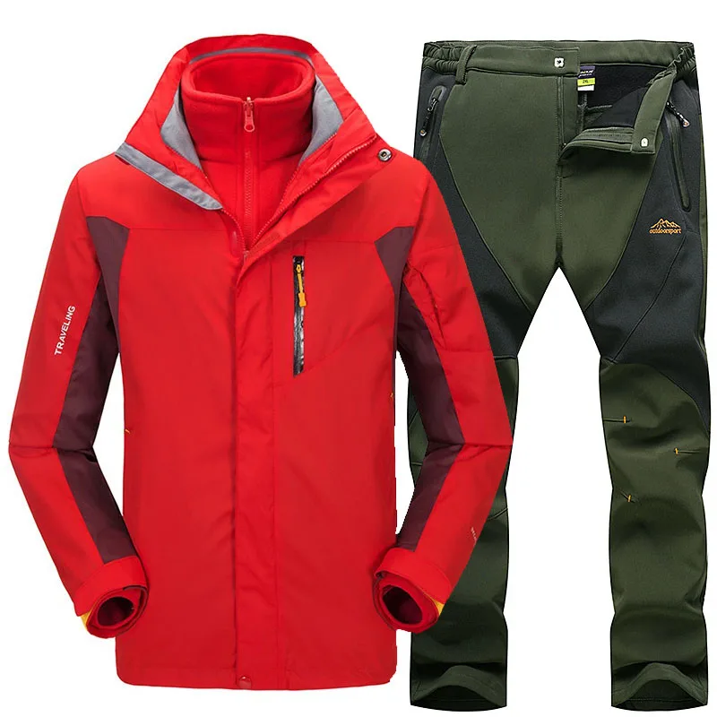 Плотный теплый лыжный костюм для мужчин, водонепроницаемая ветрозащитная Лыжная и Сноубордическая куртка, брюки, комплекты для улицы, для снега, кемпинга, походов, куртка, комплект - Цвет: Red     Army green