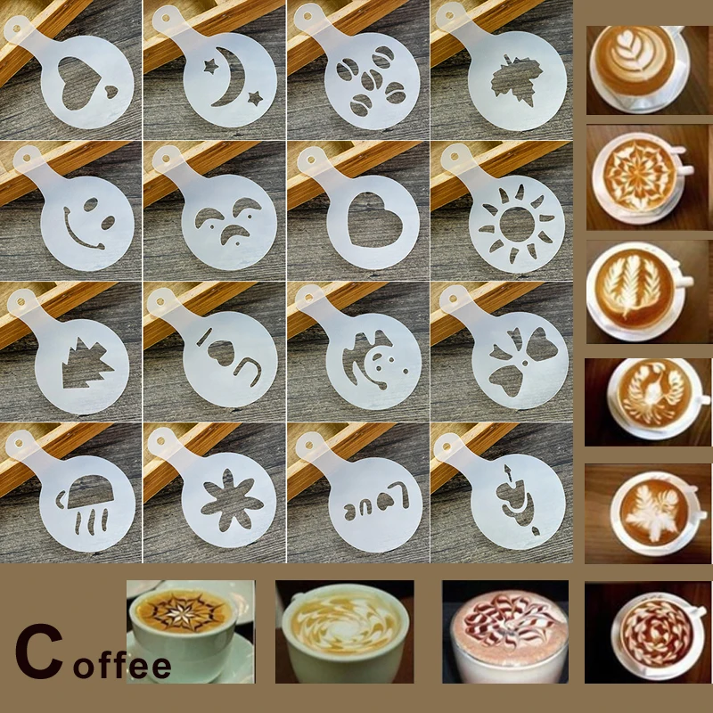 

LHX 16Pcs Coffee Stencils Set Drawing Tools Maker Fancy Coffee Printer Model Plastic Template Mold for Kitchen Coffeeware HP004A