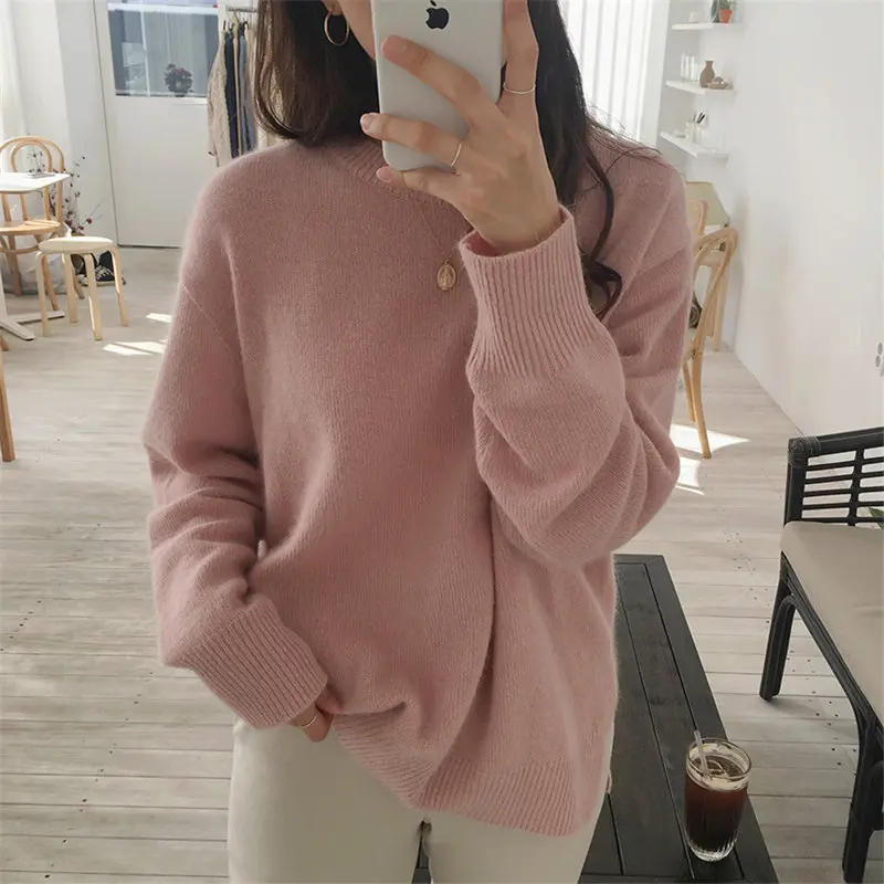 Новые осенние свободные пуловеры розового цвета с круглым вырезом в Корейском стиле для студентов, однотонные вязаные базовые свитера