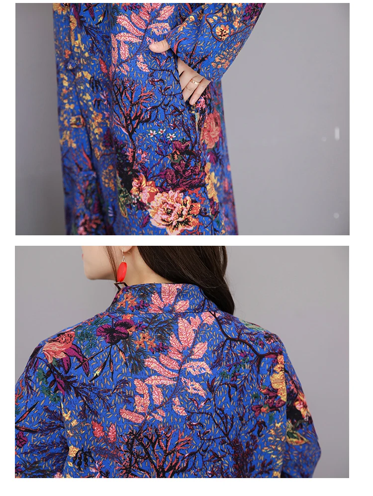Photo Shoot Autumn And Winter New Style Large Size Retro National Style Printed Cotton Linen Brushed And Thick Frog Hat Overcoat