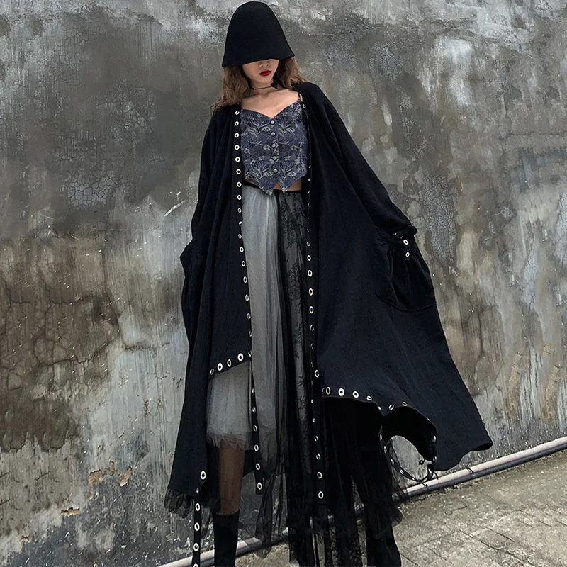 price cut LANMREM Black V-neck Long-sleeved Pocket Iron Round Hole Strap Loose Plus Women Jacket Simple Fashi