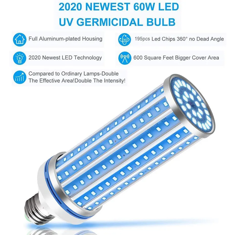 Lâmpada Germicida Equivalente Led Ultravioleta Luz Esterilizador Ácaros Luzes Uvc E26 - E27 Soquete uv 60 w 7 Luzes e Iluminação