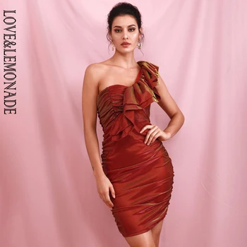

LOVE & LEMONADE Sexy Red Slant Shoulder Stacked Ruffled Slim Pleated Reflective Party Mini Dress LM82102