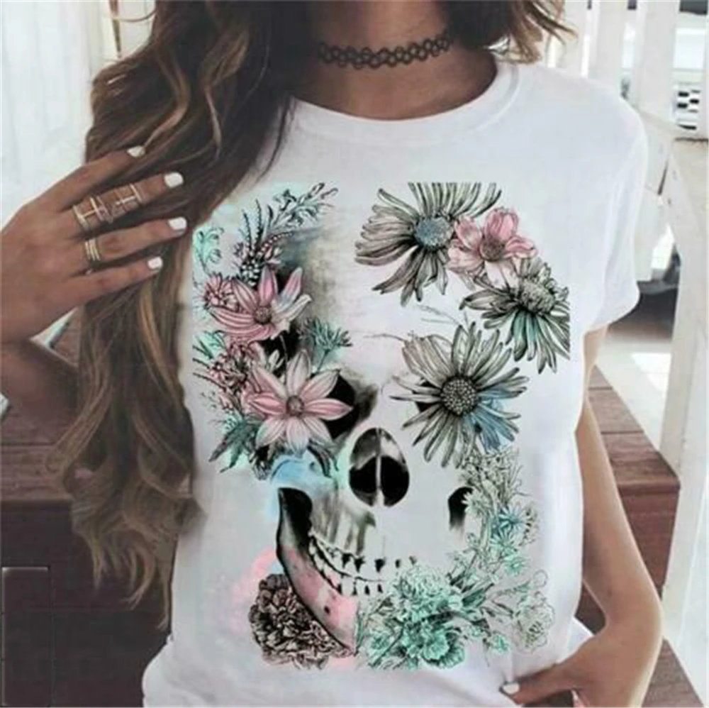 Flowers Skull Ladies T-Shirt Cotton S-3Xl Summer Style Casual Wear Tee Shirt |