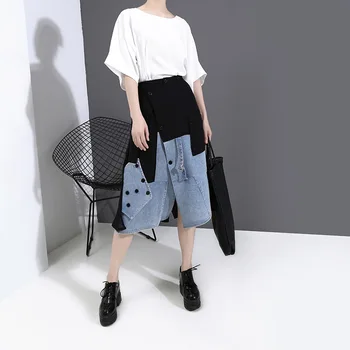 

VANOVICH 2020 Summer New Style Women's Fashion High Waist Patchwork Denim Skirts Casual A- Line Nid Calf Skirts