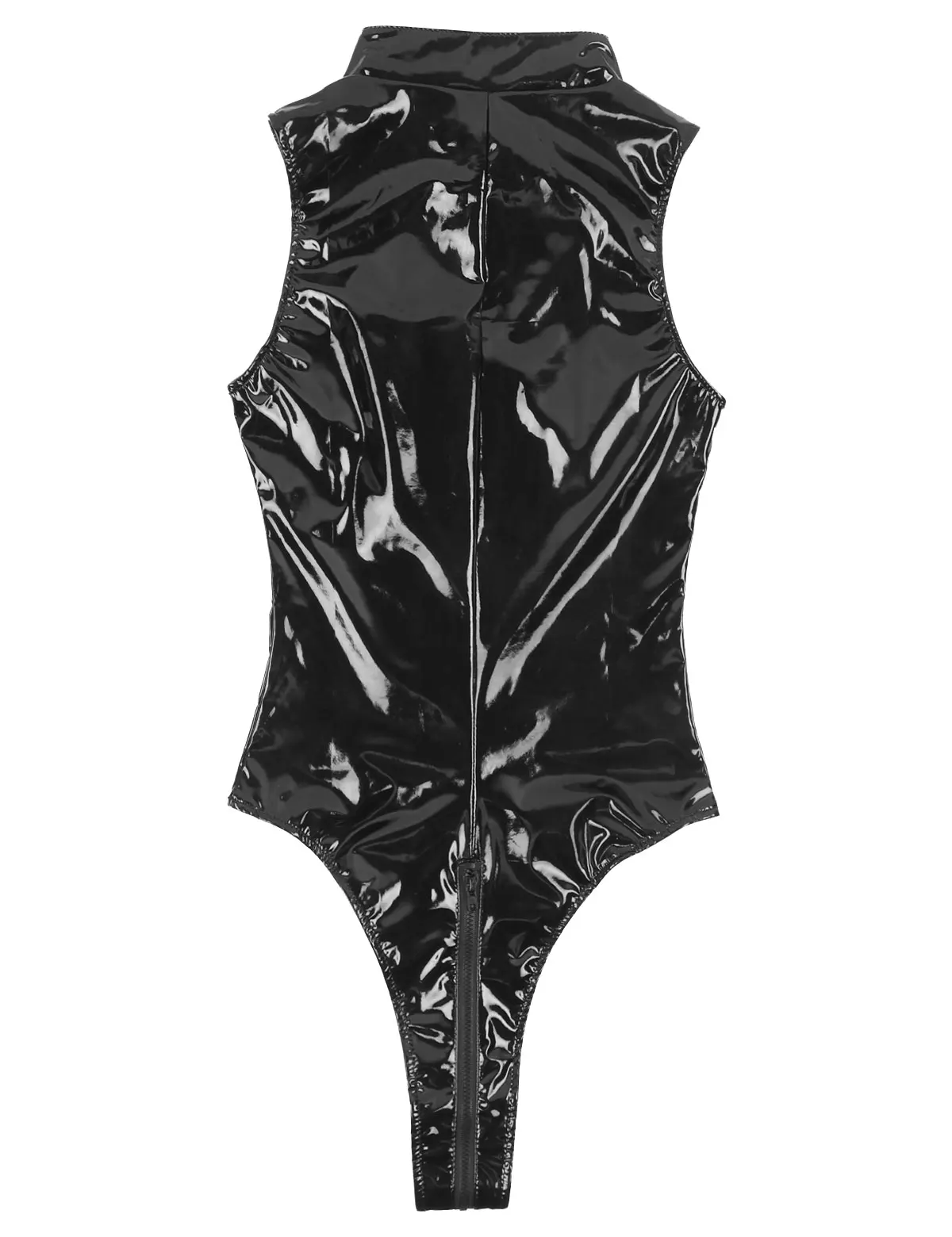 sequin bodysuit Women Wet Look Black Patent Leather Round Neck Sleeveless High Cut Double-ended Zipper Leotard Sexy Bodysuit Rave Party Clubwear black lace bodysuit