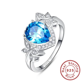 

New Wedding Engagement Jewelry 925 Sterling Silver Blue Topaz Ring Butterfly Decoration 3.85 Carat Pear Cut Water Drop Shape