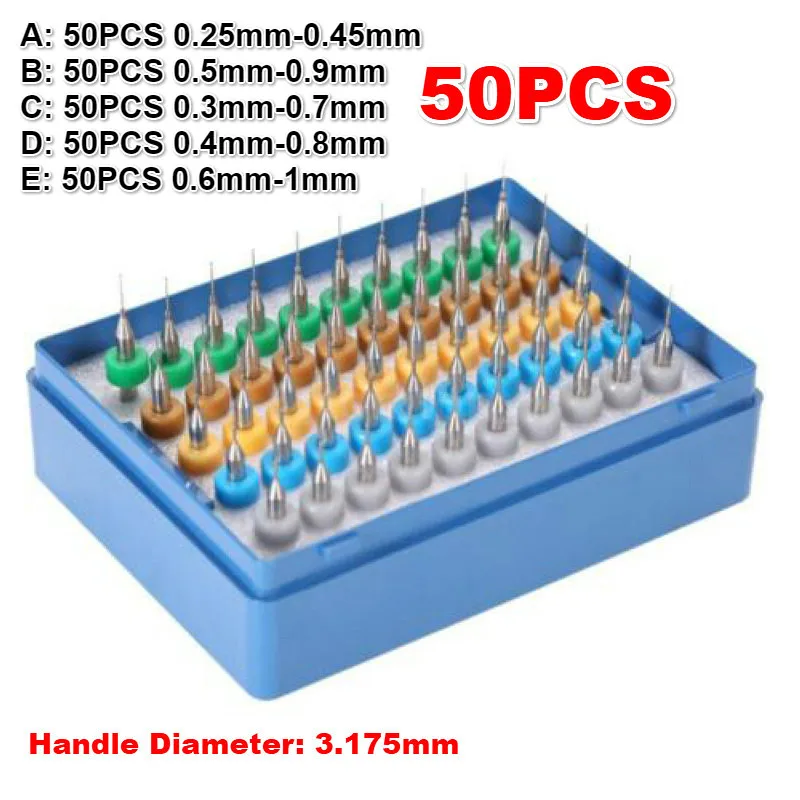 Drill Bit Set 50pcs/set Tungsten Hard Alloy PCB Engraving Tool 0.25mm-1mm